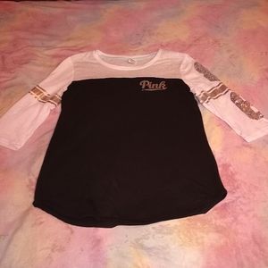 Large Victoria's Secret Pink Gold Sequin Baseball Tee
